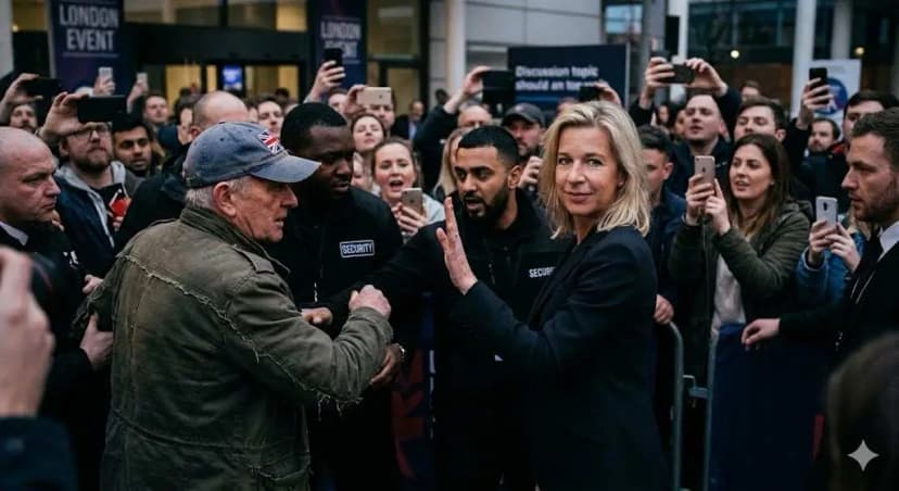 The security guards were preparing to stop him, but Katie Hopkins calmly raised her hand and said, “Let him come closer.”