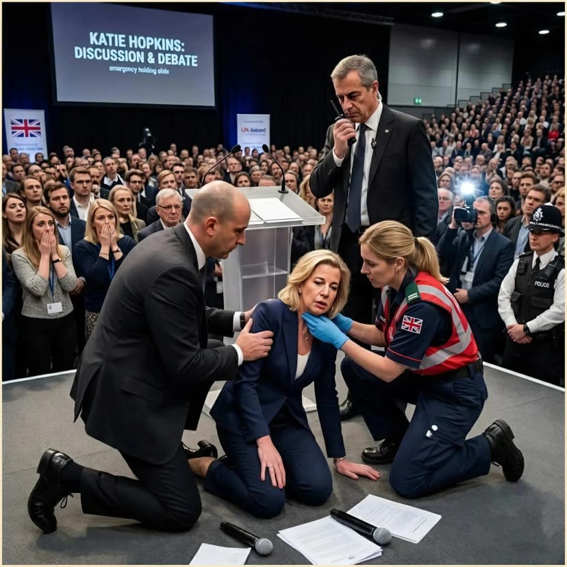 “30 MINUTES AGO: Panic spread through the packed hall as British commentator Katie Hopkins suddenly collapsed while speaking. Medical and security staff immediately rushed to her aid as onlookers watched in stunned silence. We now have a moving update on the serious health battle Katie is facing. Our hearts go out to her and her loved ones.”