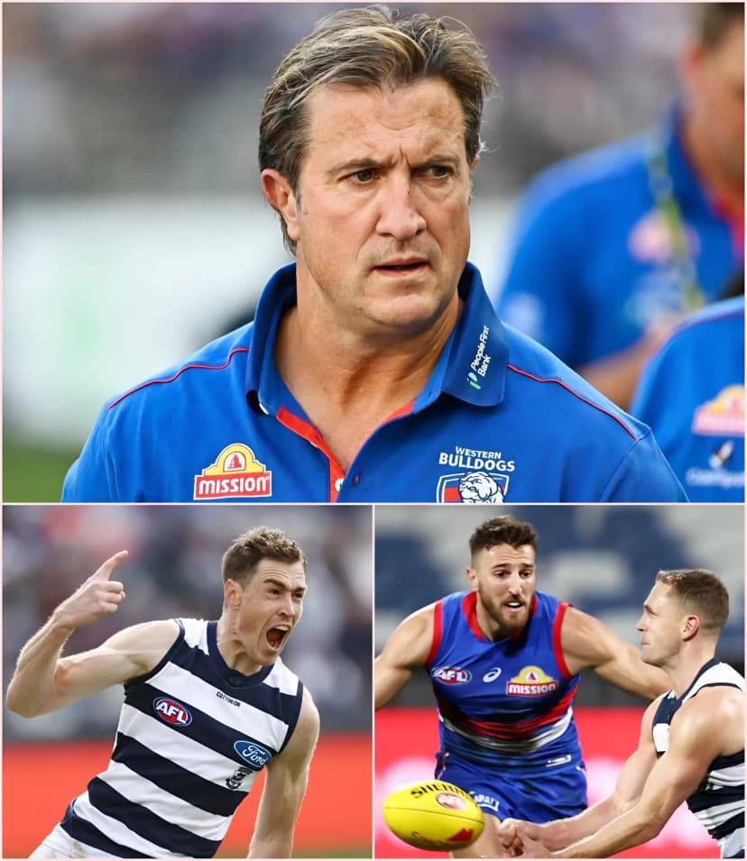“HE CHEATED!” Just seconds after the humiliating 56-131 loss to the Geelong Cats at Kardinia Park, head coach Luke Beveridge, his face flushed with anger, pointed directly at the Geelong Cats players and loudly accused star Jeremy Cameron of using high-tech equipment to “cheat,” demanding an immediate AFL investigation